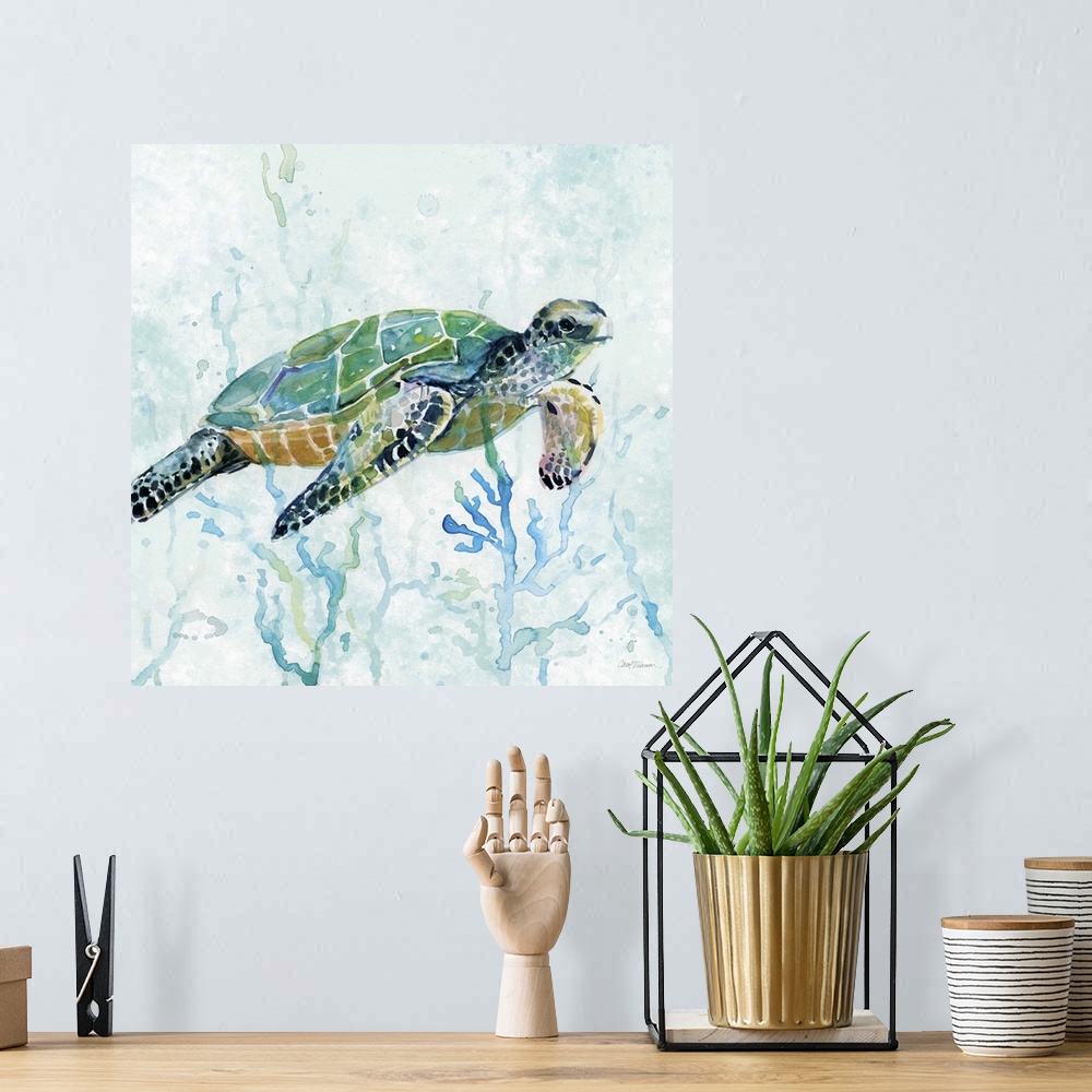 A bohemian room featuring Square watercolor painting of a sea turtle swimming amongst seaweed in shades of blue and green.