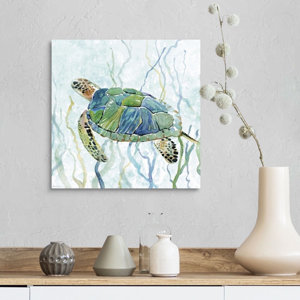 A farmhouse room featuring Square watercolor painting of a sea turtle swimming amongst seaweed in shades of blue and green.