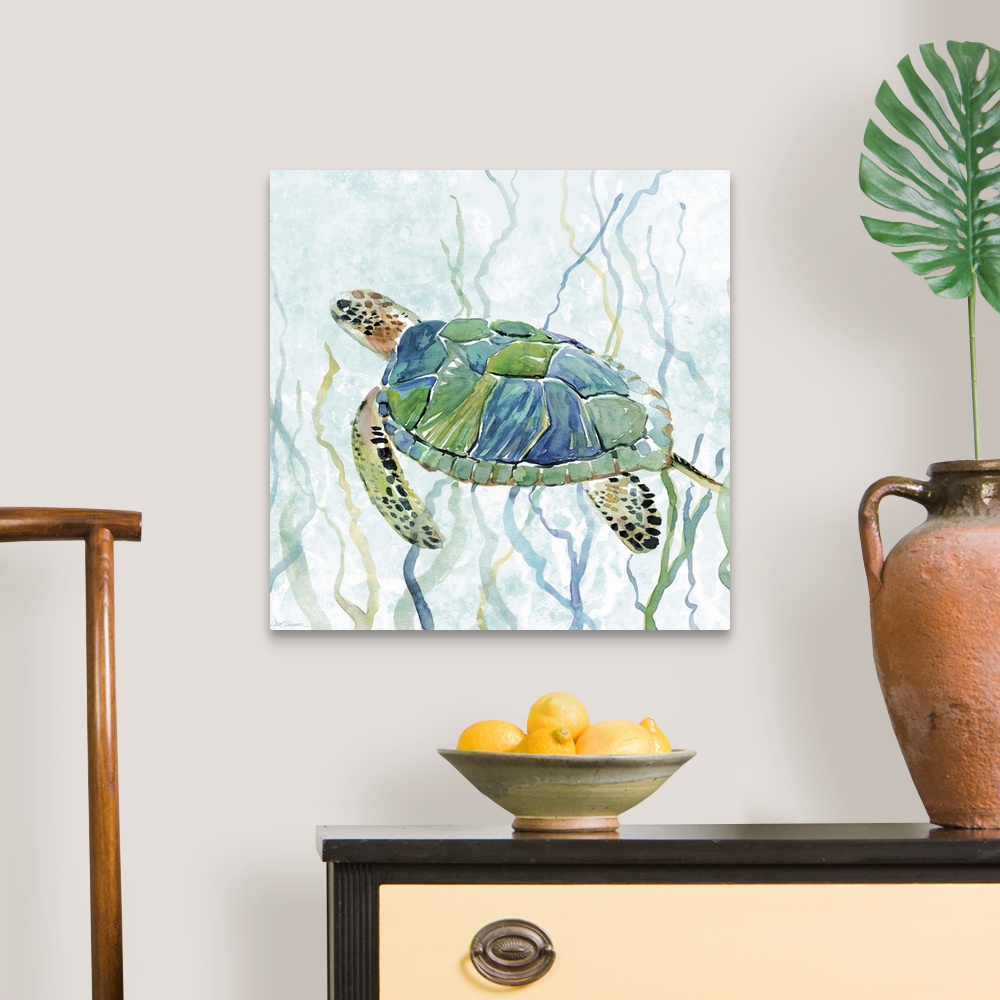 A traditional room featuring Square watercolor painting of a sea turtle swimming amongst seaweed in shades of blue and green.