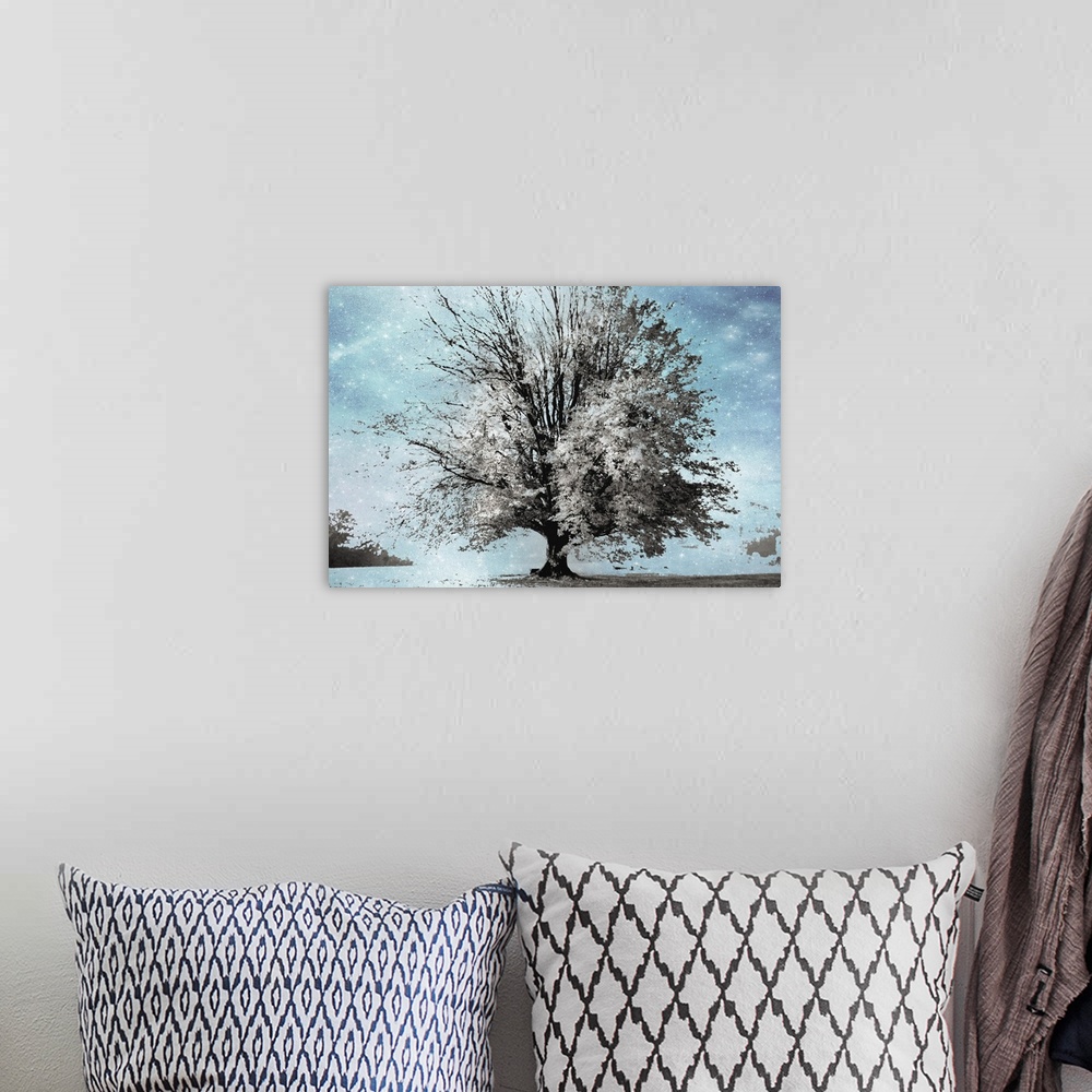 A bohemian room featuring Surreal photograph of a Winter tree in gray, white, and black tones composited on a blue starry b...