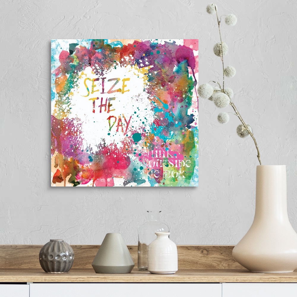 A farmhouse room featuring Inspirational square painting with colorful paint splatter and the phrases "Seize The Day" and "T...