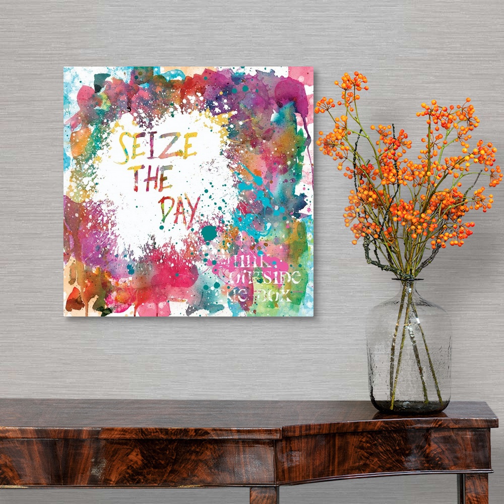 A traditional room featuring Inspirational square painting with colorful paint splatter and the phrases "Seize The Day" and "T...