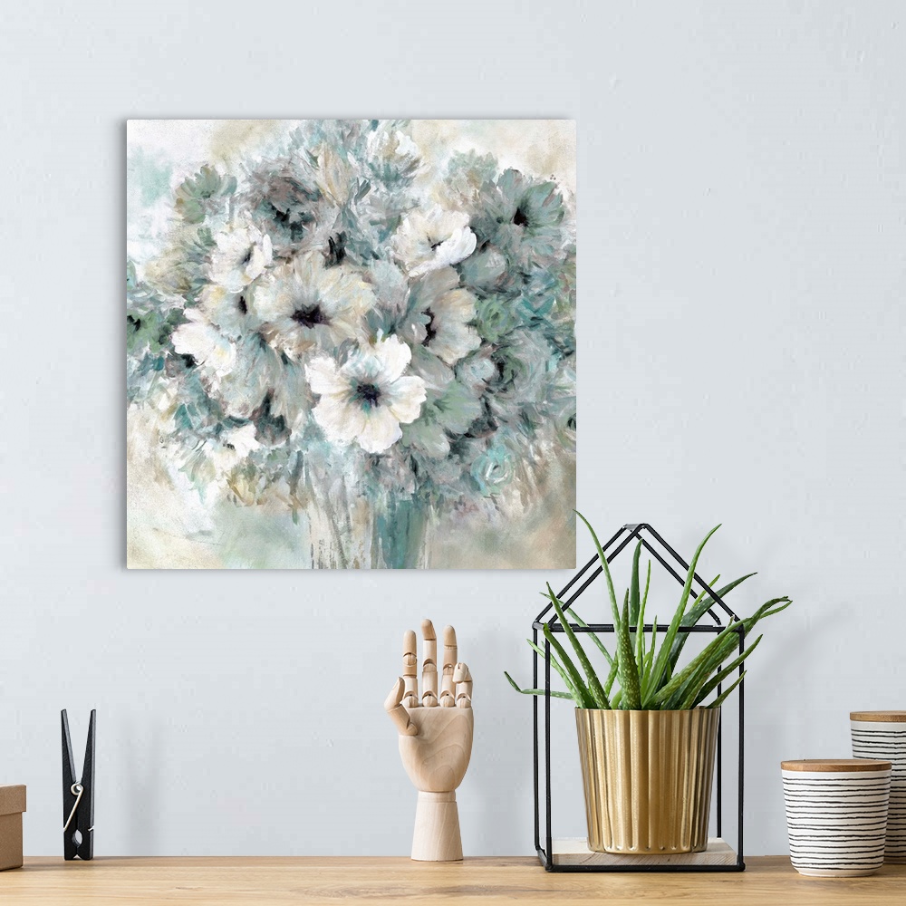 A bohemian room featuring A contemporary still life painting of a bouquet of cool toned flowers in a vase.