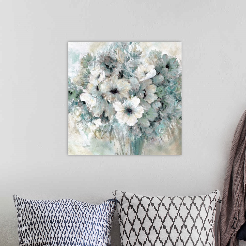 A bohemian room featuring A contemporary still life painting of a bouquet of cool toned flowers in a vase.