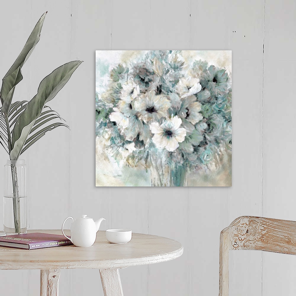 A farmhouse room featuring A contemporary still life painting of a bouquet of cool toned flowers in a vase.