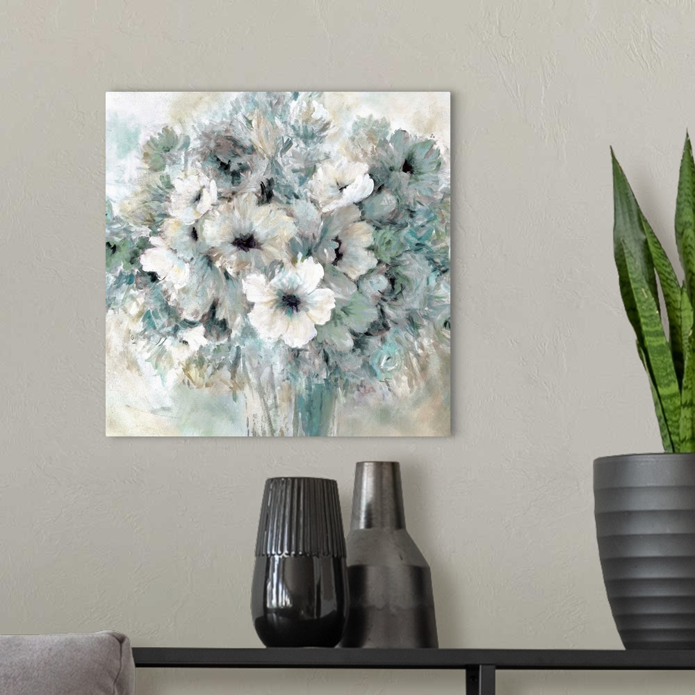 A modern room featuring A contemporary still life painting of a bouquet of cool toned flowers in a vase.