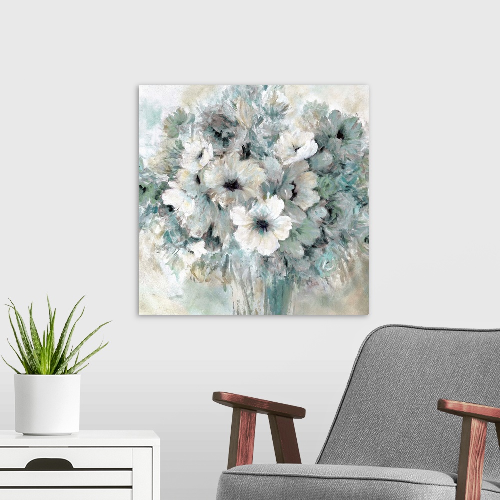 A modern room featuring A contemporary still life painting of a bouquet of cool toned flowers in a vase.