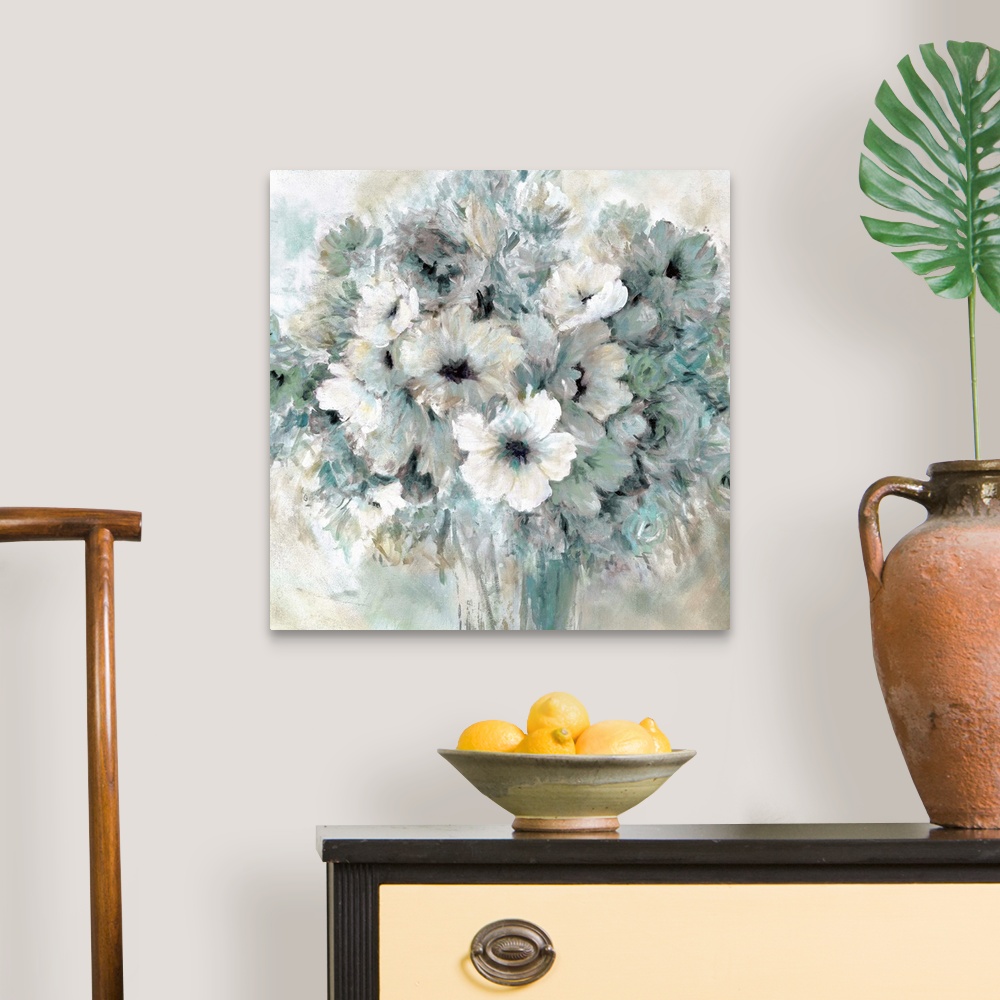 A traditional room featuring A contemporary still life painting of a bouquet of cool toned flowers in a vase.