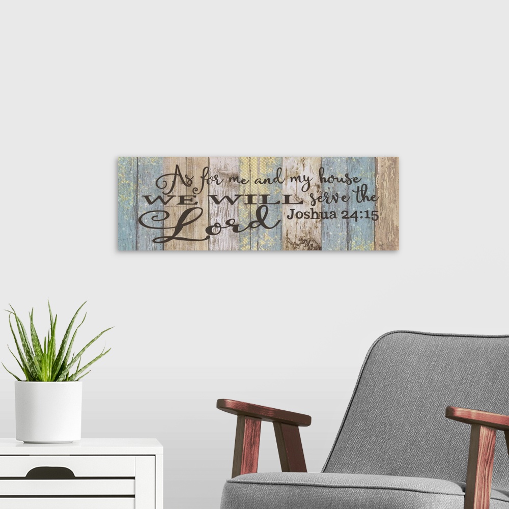 A modern room featuring A decorative painting with the verse from Joshua 24:15 painted on top of a multi-colored wooden p...