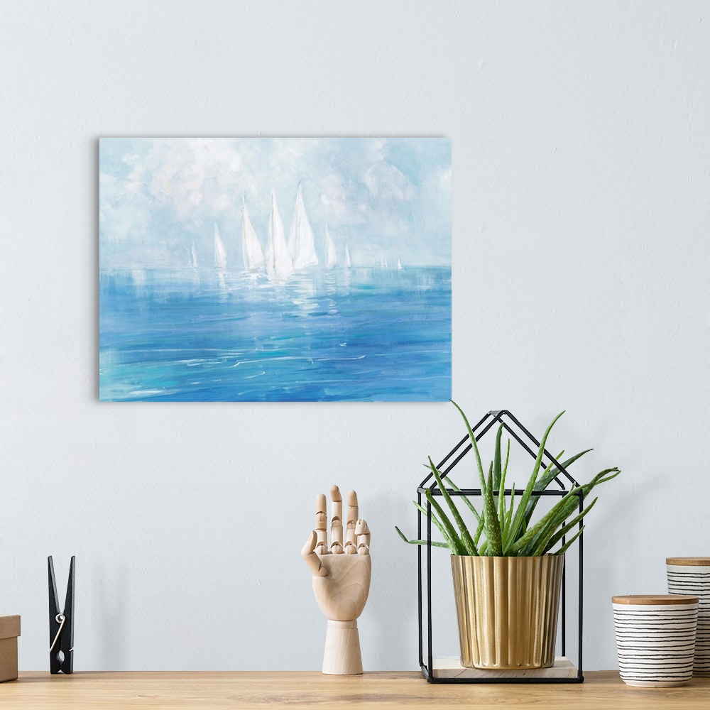 A bohemian room featuring Distinguishable brush strokes of various blues and whites create this serene painting of sailboat...
