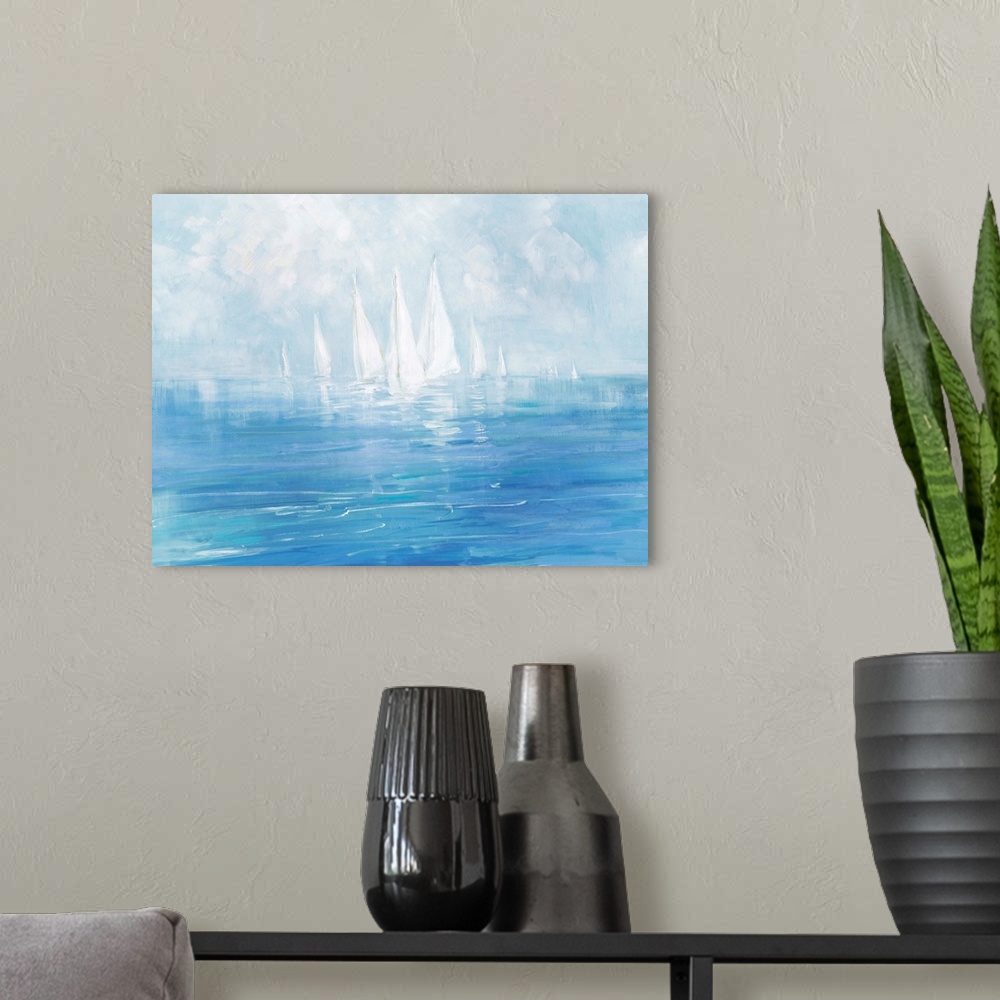 A modern room featuring Distinguishable brush strokes of various blues and whites create this serene painting of sailboat...