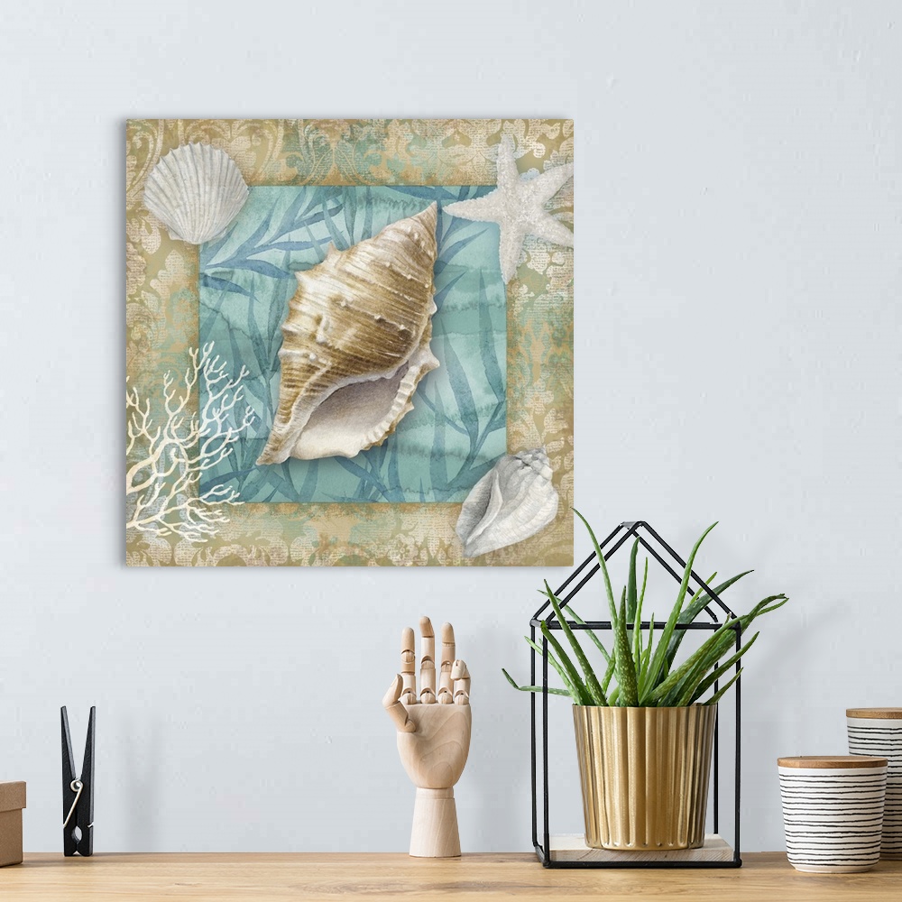 A bohemian room featuring Square art of seashells with a teal and tan background.