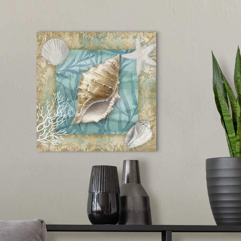 A modern room featuring Square art of seashells with a teal and tan background.