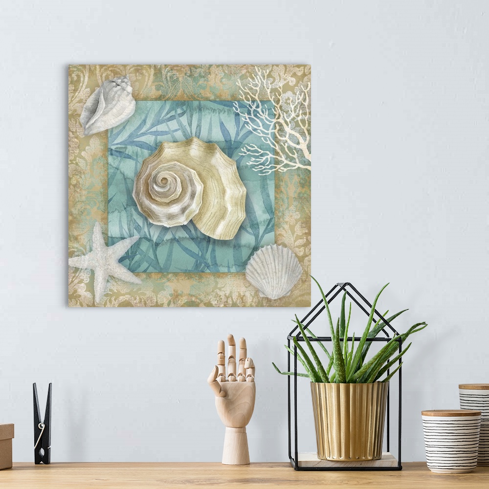 A bohemian room featuring Square art of seashells with a teal and tan background.