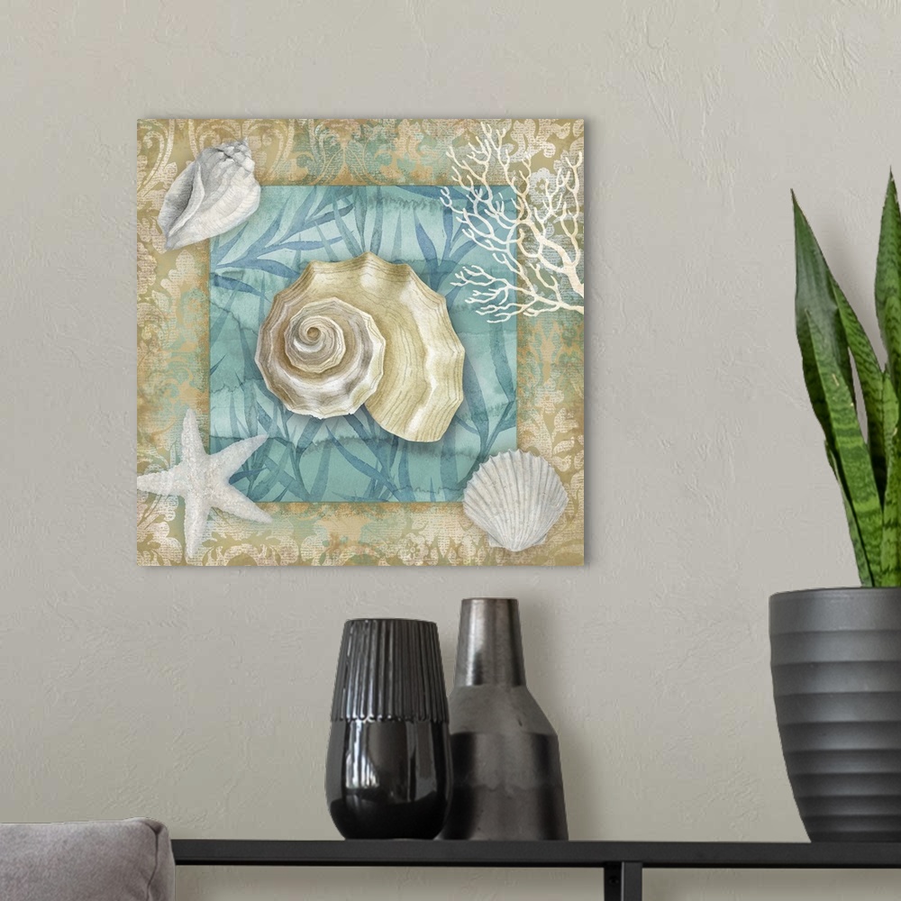 A modern room featuring Square art of seashells with a teal and tan background.