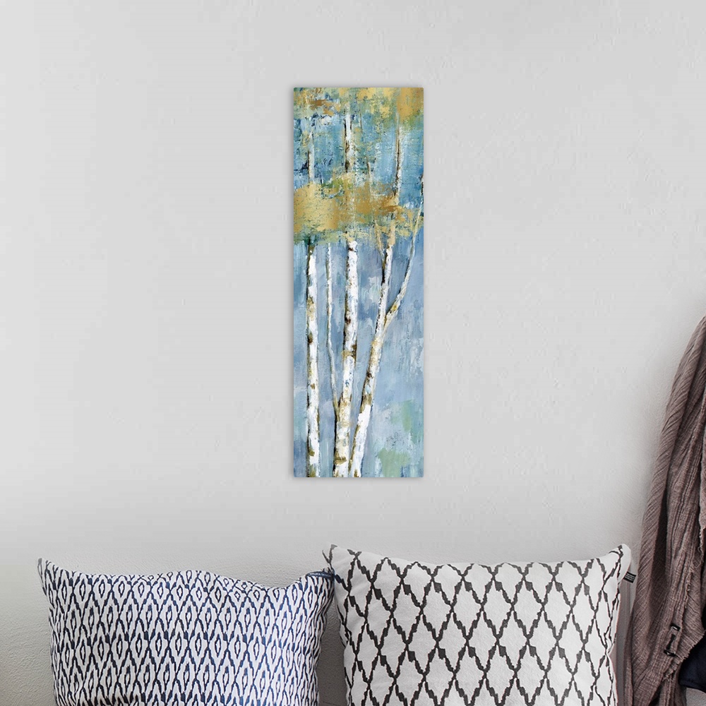 A bohemian room featuring Tall panel painting of birch treed with metallic gold leaves and markings on a blue and green bac...
