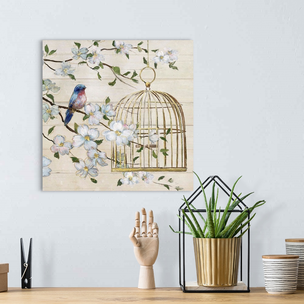A bohemian room featuring A painting of a birdcage hanging from a tree with a bird perched on a branch to the side, surroun...