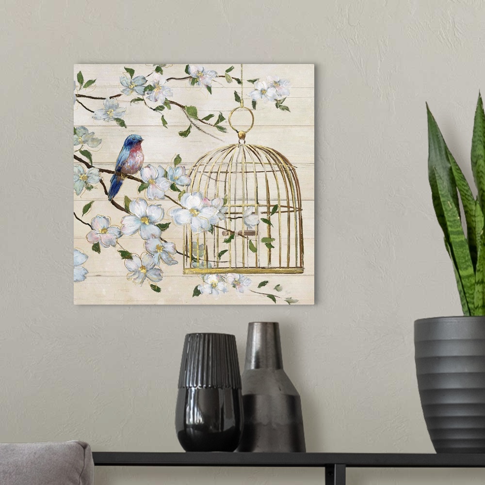 A modern room featuring A painting of a birdcage hanging from a tree with a bird perched on a branch to the side, surroun...