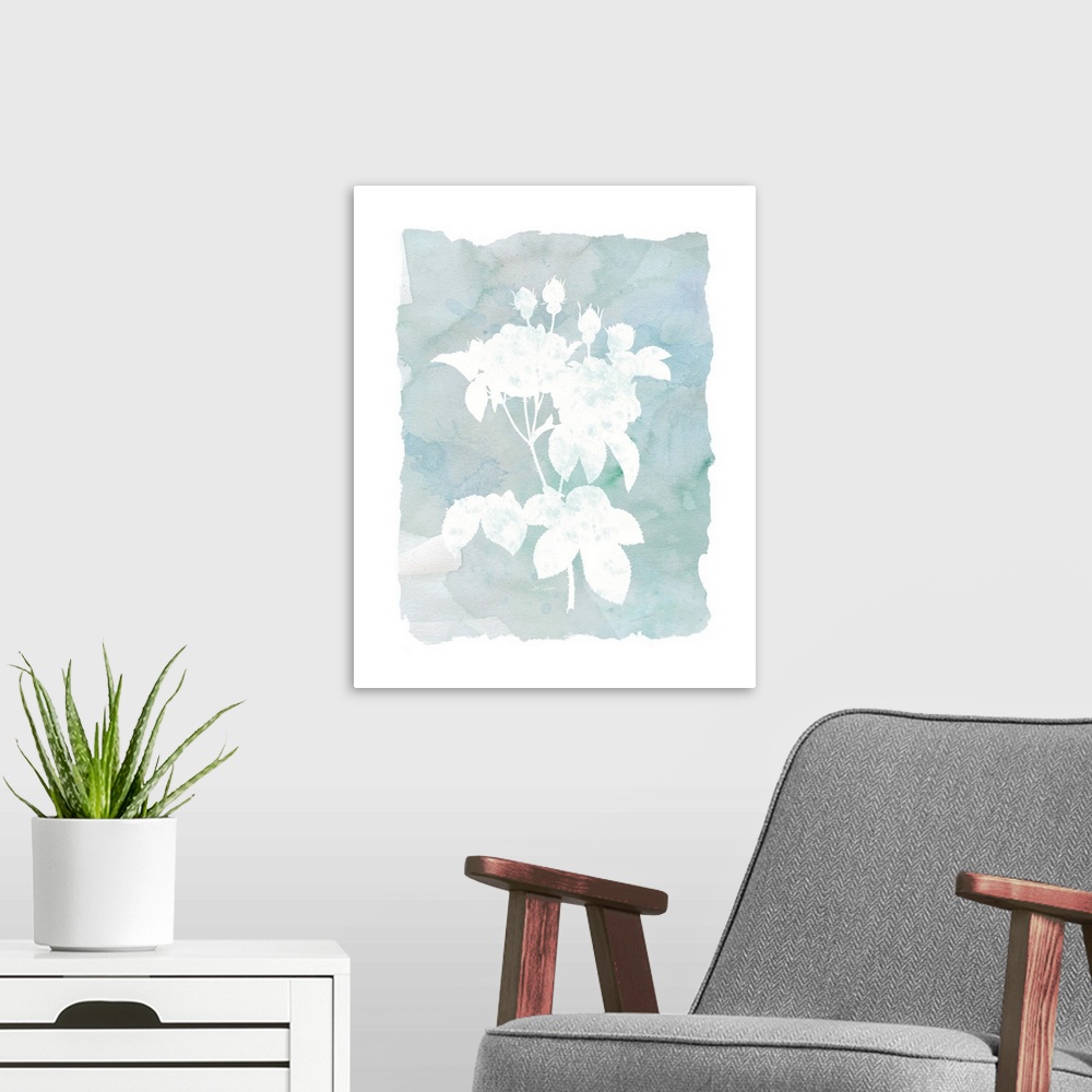 A modern room featuring A watercolor painting with white silhouettes of flowers and a blue-green background.