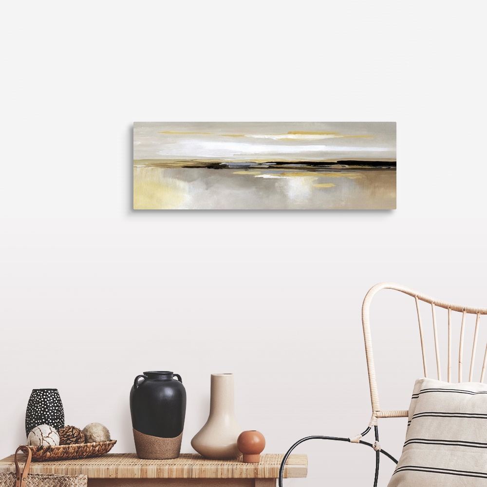 A farmhouse room featuring Panoramic abstract painting of various shades of yellow, gray and white that accentuates a center...