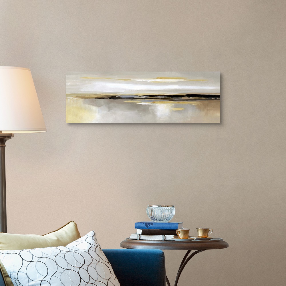 A traditional room featuring Panoramic abstract painting of various shades of yellow, gray and white that accentuates a center...
