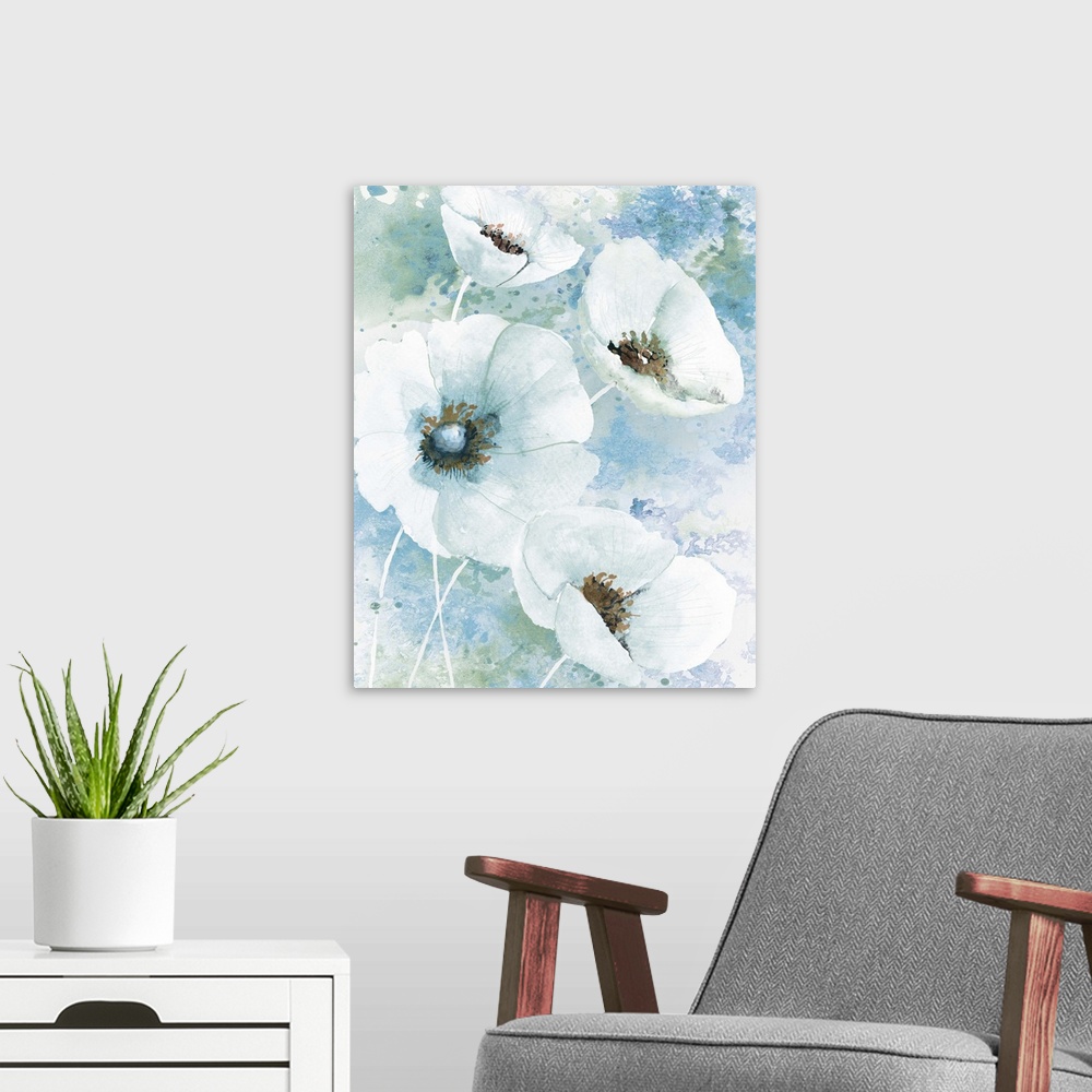 A modern room featuring Watercolor painting of white poppies on a blue and green paint splattered background.