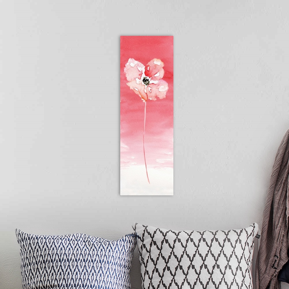 A bohemian room featuring A watercolor flower rests on a pink gradated background with pink at the top and an almost white ...