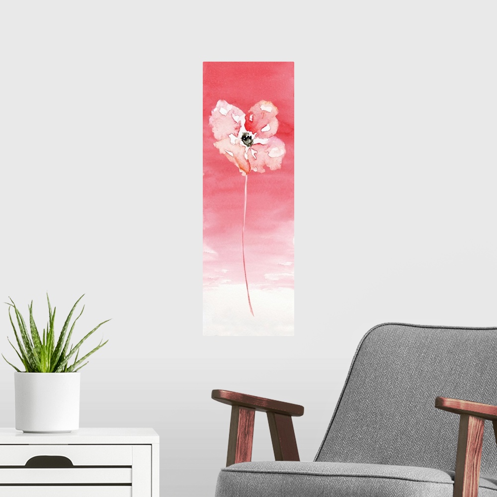 A modern room featuring A watercolor flower rests on a pink gradated background with pink at the top and an almost white ...