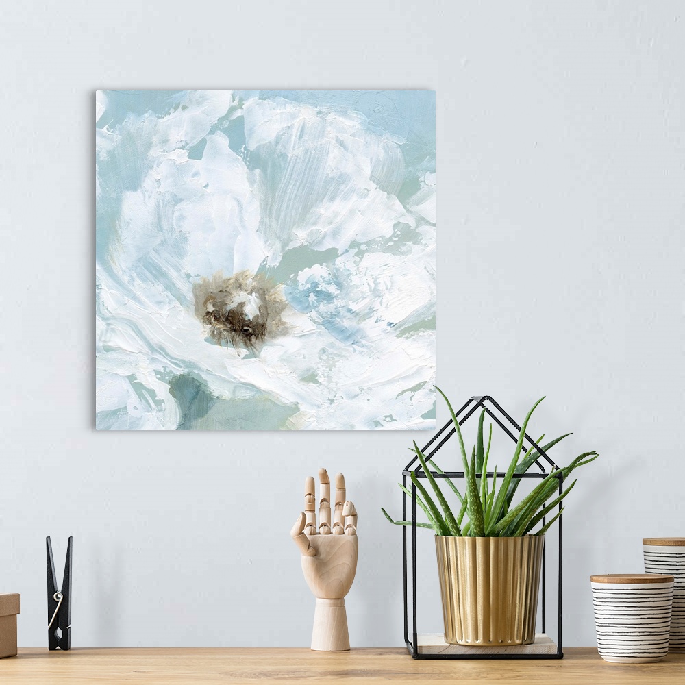 A bohemian room featuring Contemporary painting of a close up view of a white poppy flower with a pale blue background.