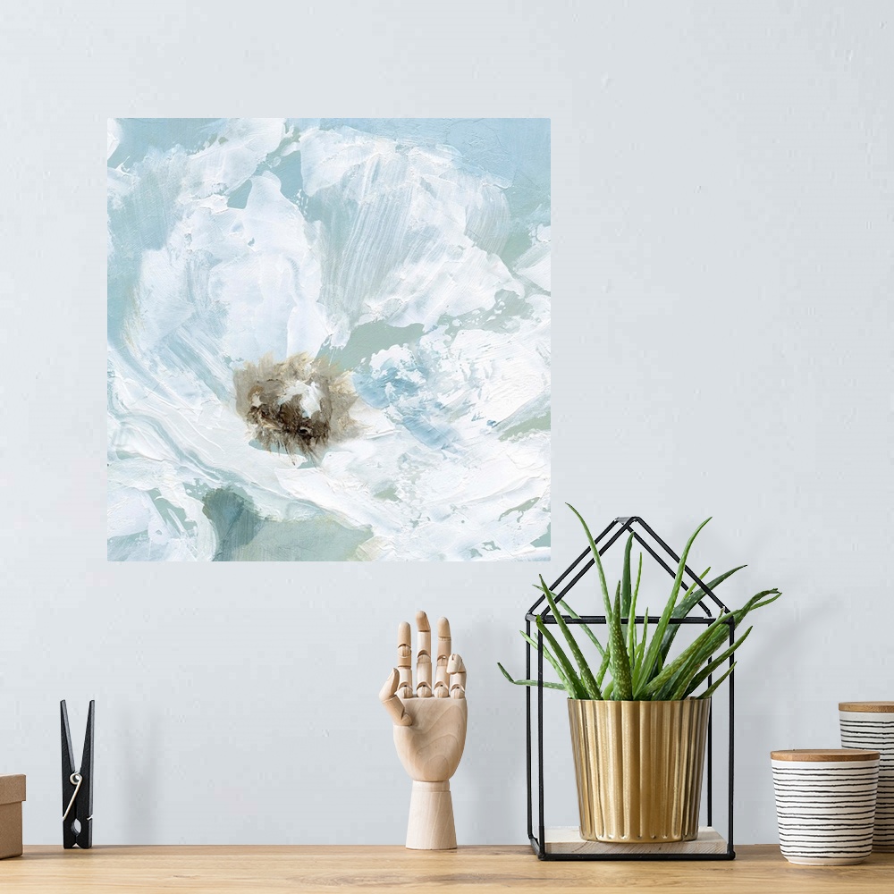 A bohemian room featuring Contemporary painting of a close up view of a white poppy flower with a pale blue background.