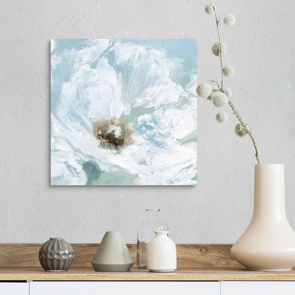A farmhouse room featuring Contemporary painting of a close up view of a white poppy flower with a pale blue background.
