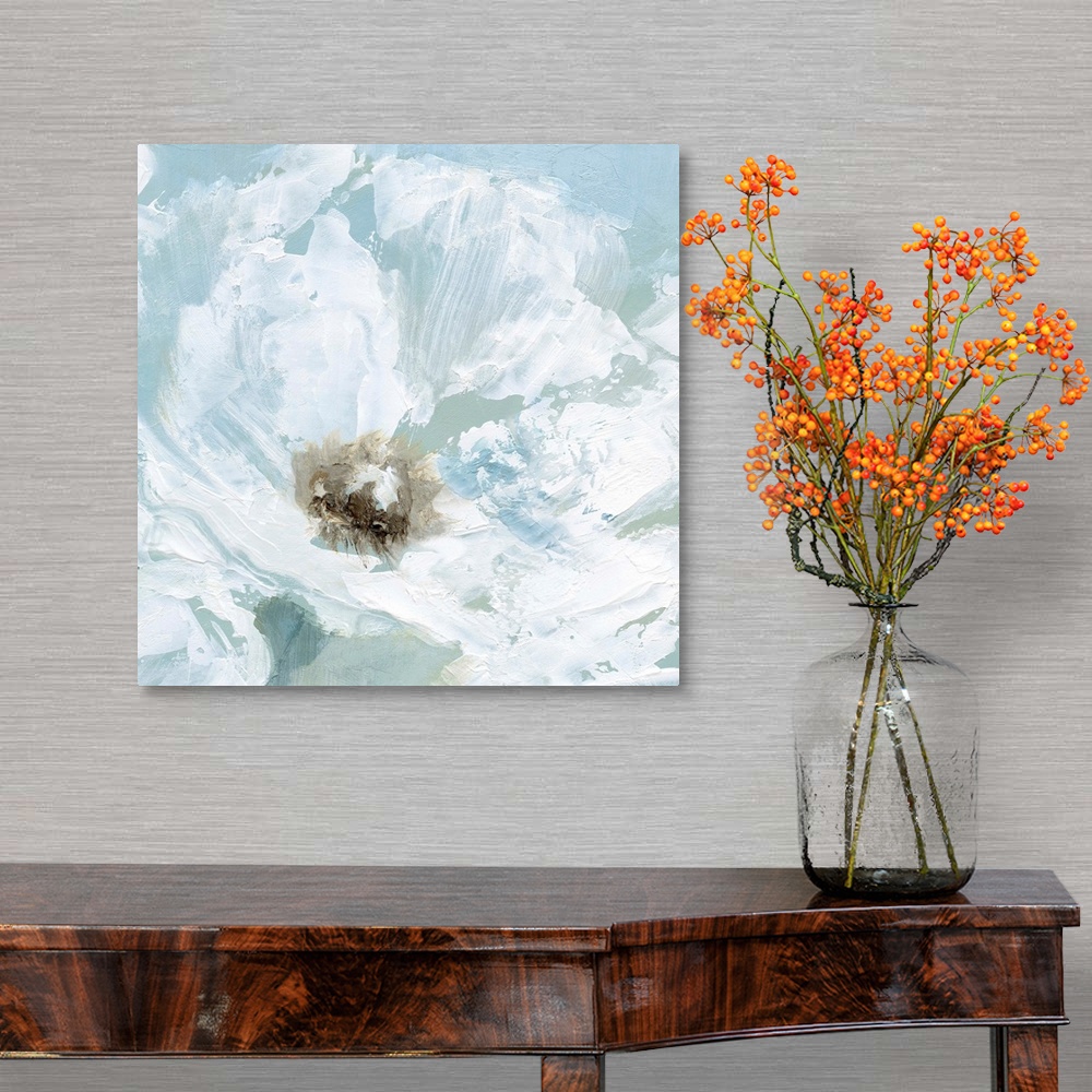 A traditional room featuring Contemporary painting of a close up view of a white poppy flower with a pale blue background.