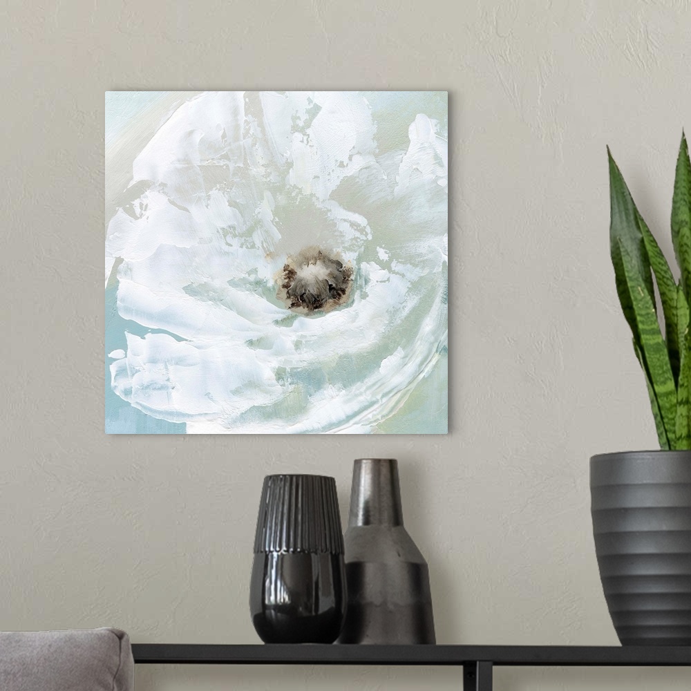 A modern room featuring Contemporary painting of a close up view of a white poppy flower with a pale blue background.