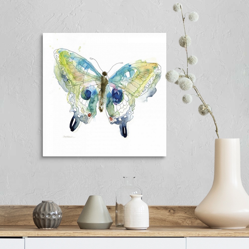 A farmhouse room featuring A watercolor painting of a colorful butterfly.