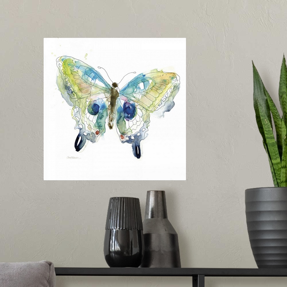 A modern room featuring A watercolor painting of a colorful butterfly.