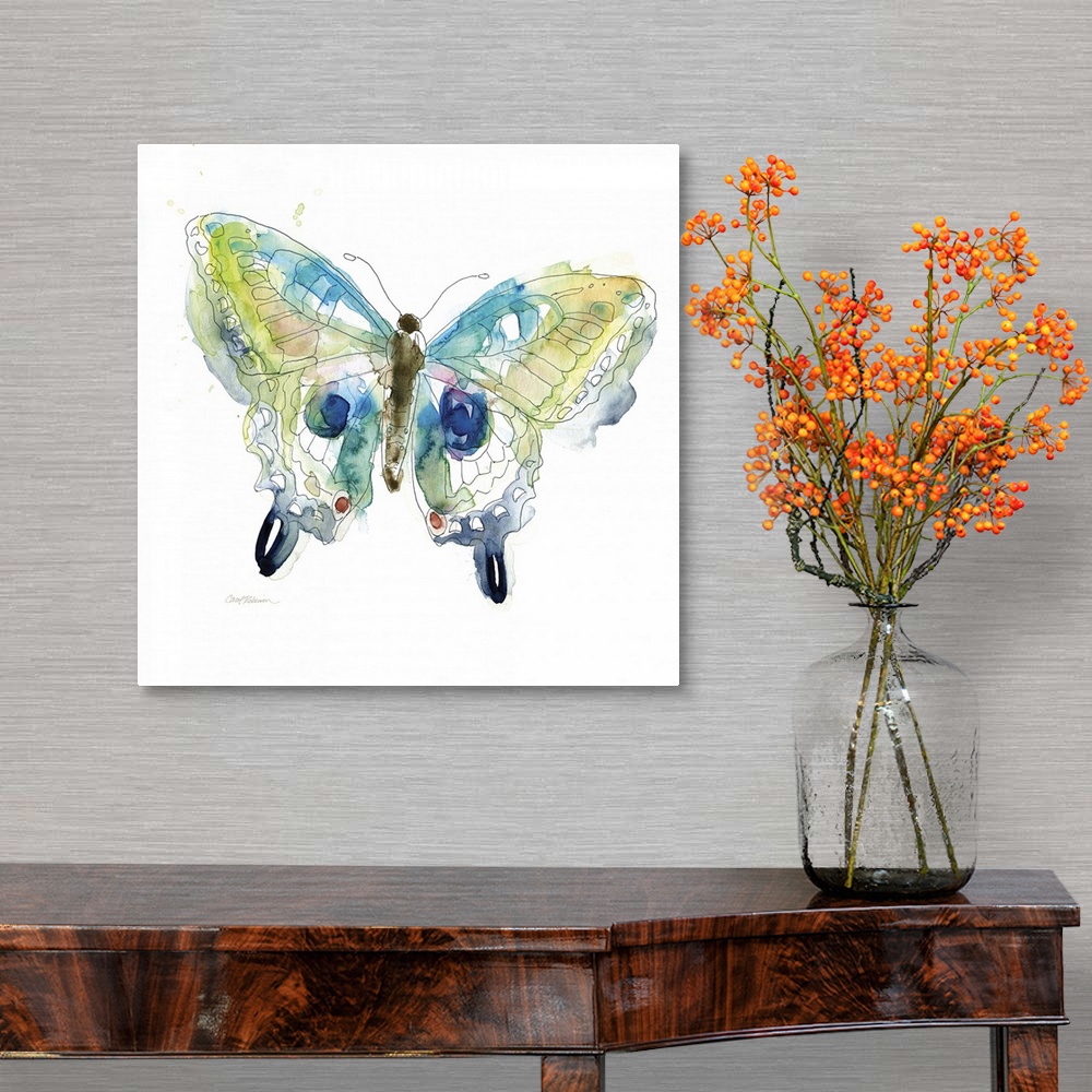 A traditional room featuring A watercolor painting of a colorful butterfly.