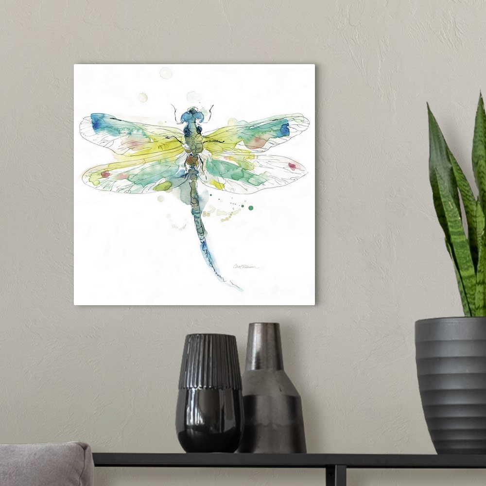 A modern room featuring A watercolor painting of a colorful dragonfly.
