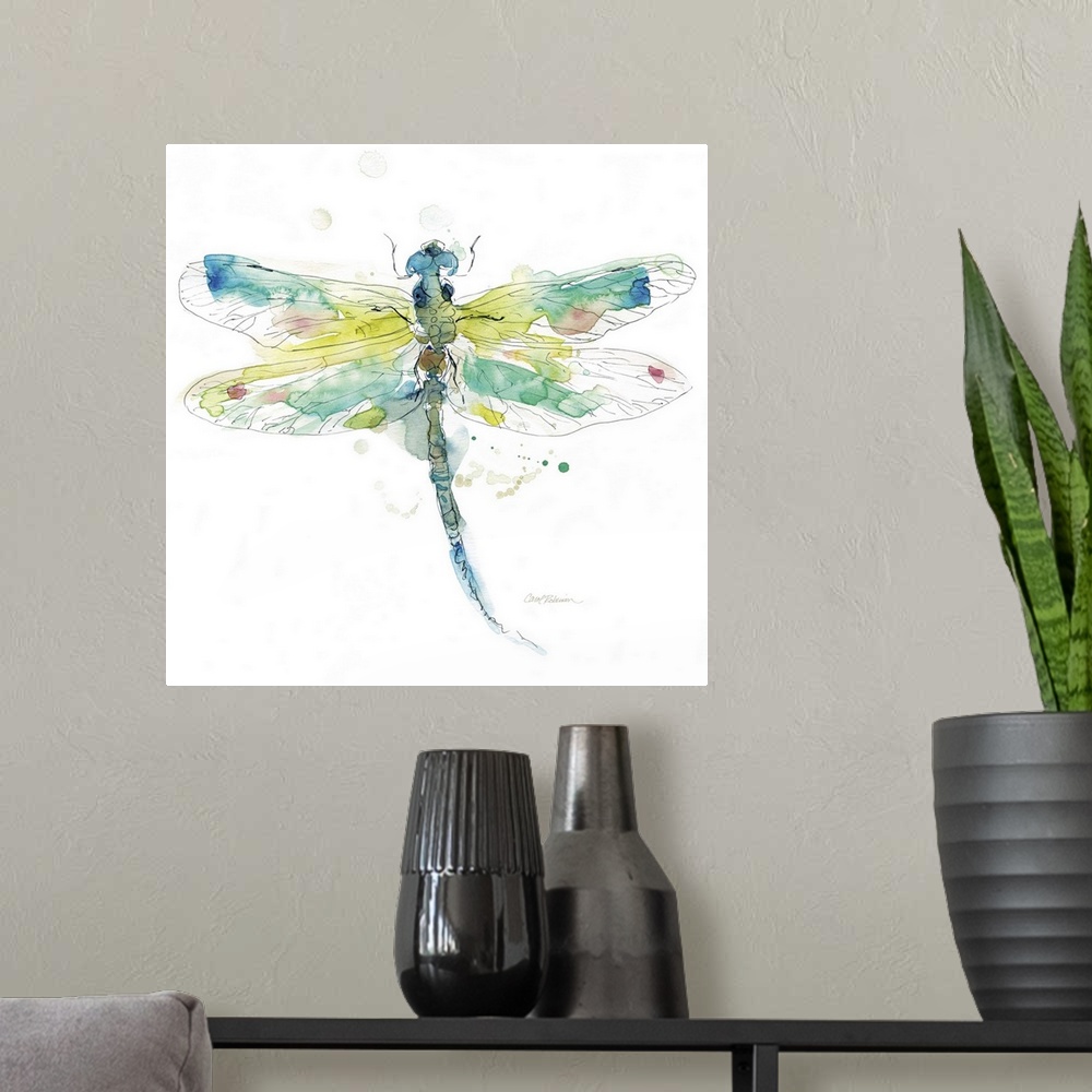 A modern room featuring A watercolor painting of a colorful dragonfly.