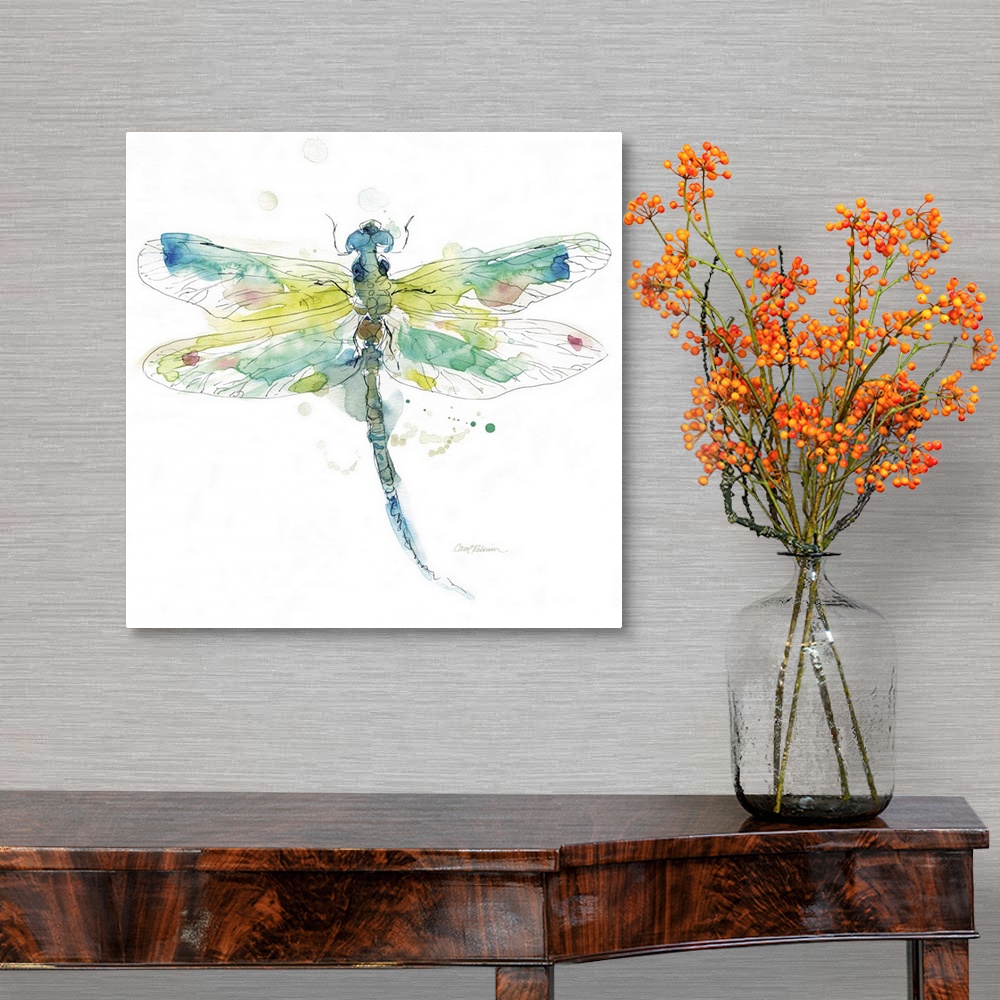 A traditional room featuring A watercolor painting of a colorful dragonfly.