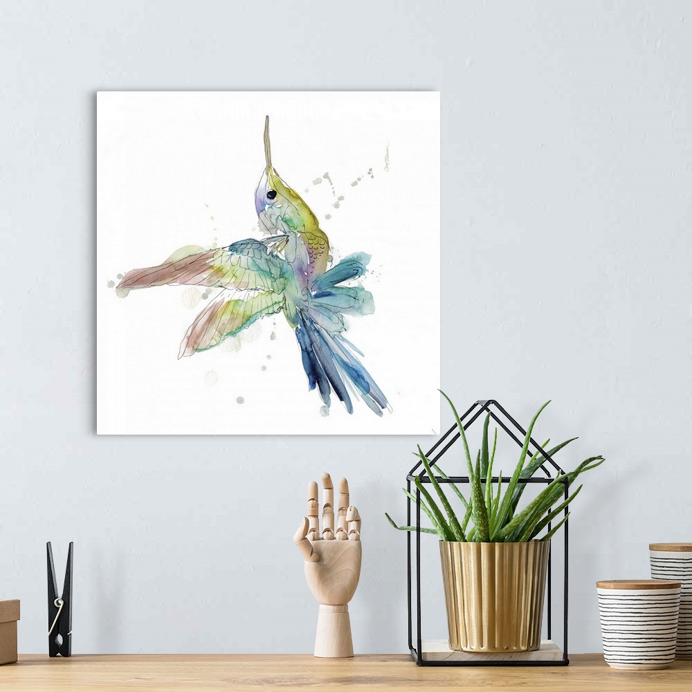 A bohemian room featuring A watercolor painting of a colorful hummingbird.