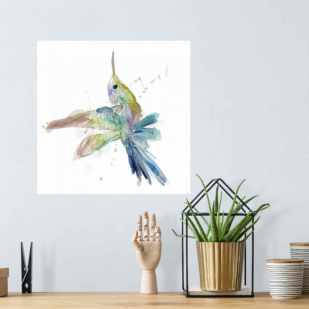 A bohemian room featuring A watercolor painting of a colorful hummingbird.