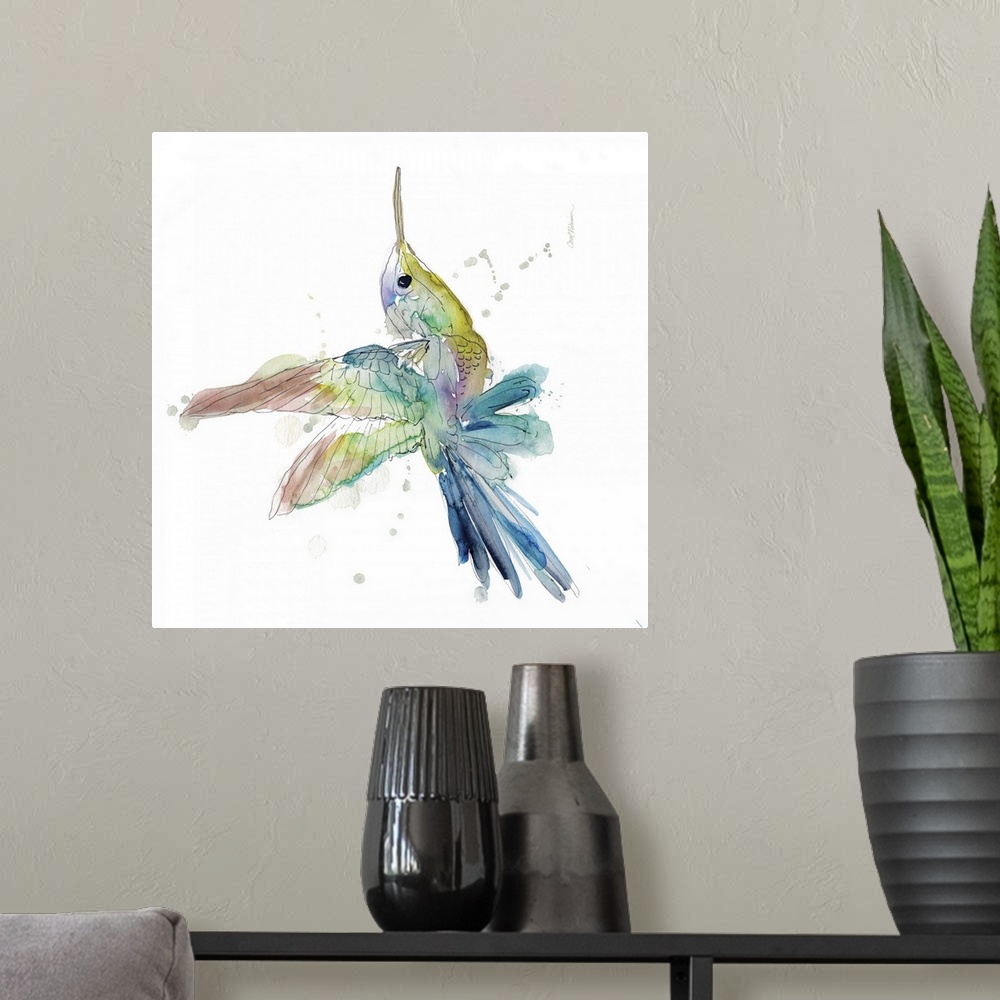 A modern room featuring A watercolor painting of a colorful hummingbird.