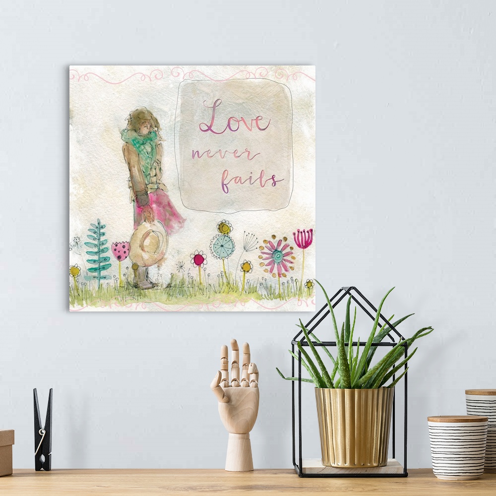 A bohemian room featuring Spirited sketching of a woman standing in a field of flowers decorated in watercolors with the wo...