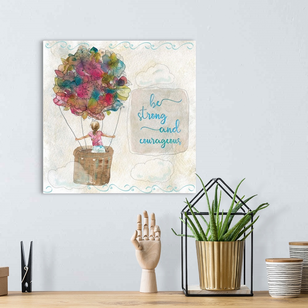 A bohemian room featuring Spirited sketching of a girl in a hot air flower balloon decorated in watercolors with the words,...