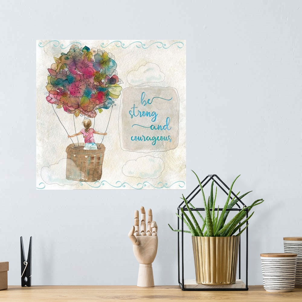 A bohemian room featuring Spirited sketching of a girl in a hot air flower balloon decorated in watercolors with the words,...
