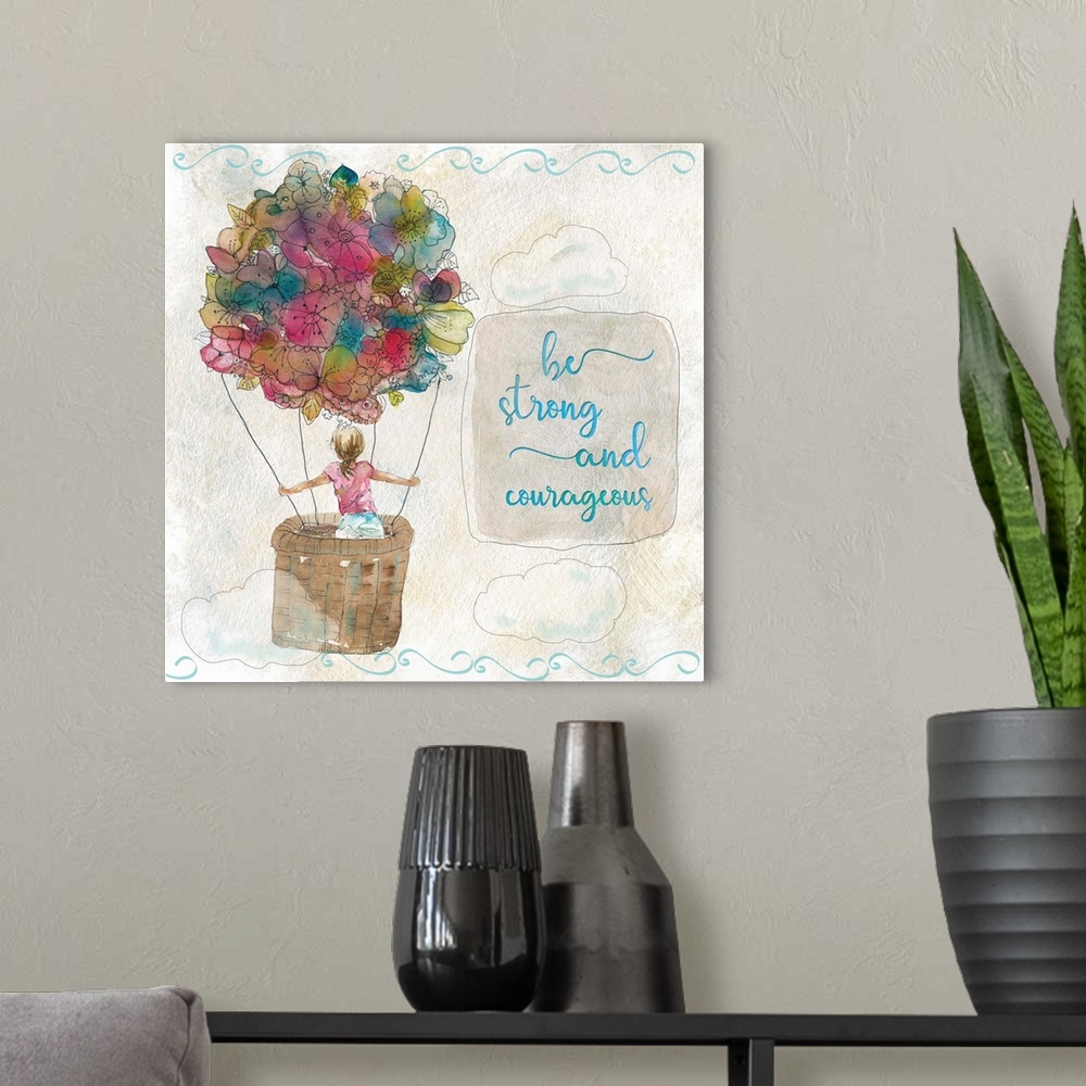 A modern room featuring Spirited sketching of a girl in a hot air flower balloon decorated in watercolors with the words,...