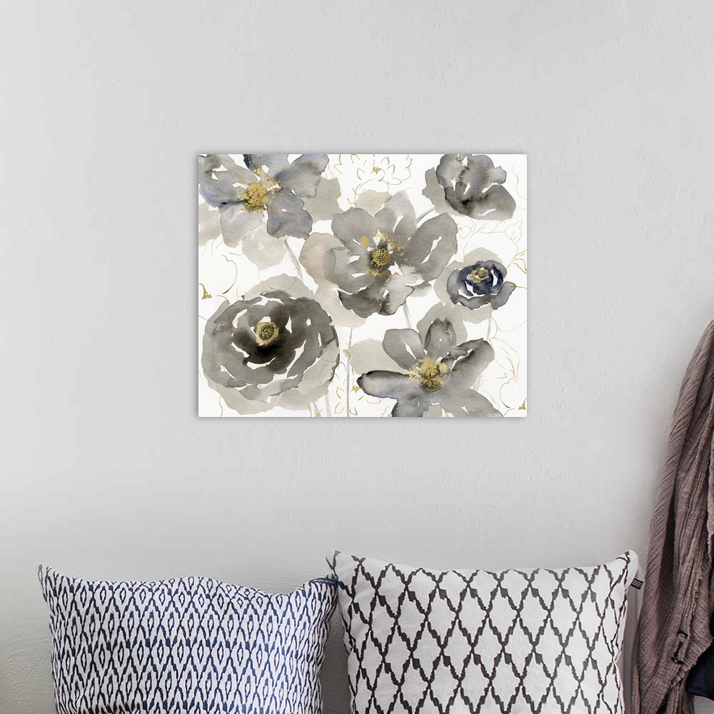A bohemian room featuring Watercolor artwork of flowers in shades of grey with yellow centers.