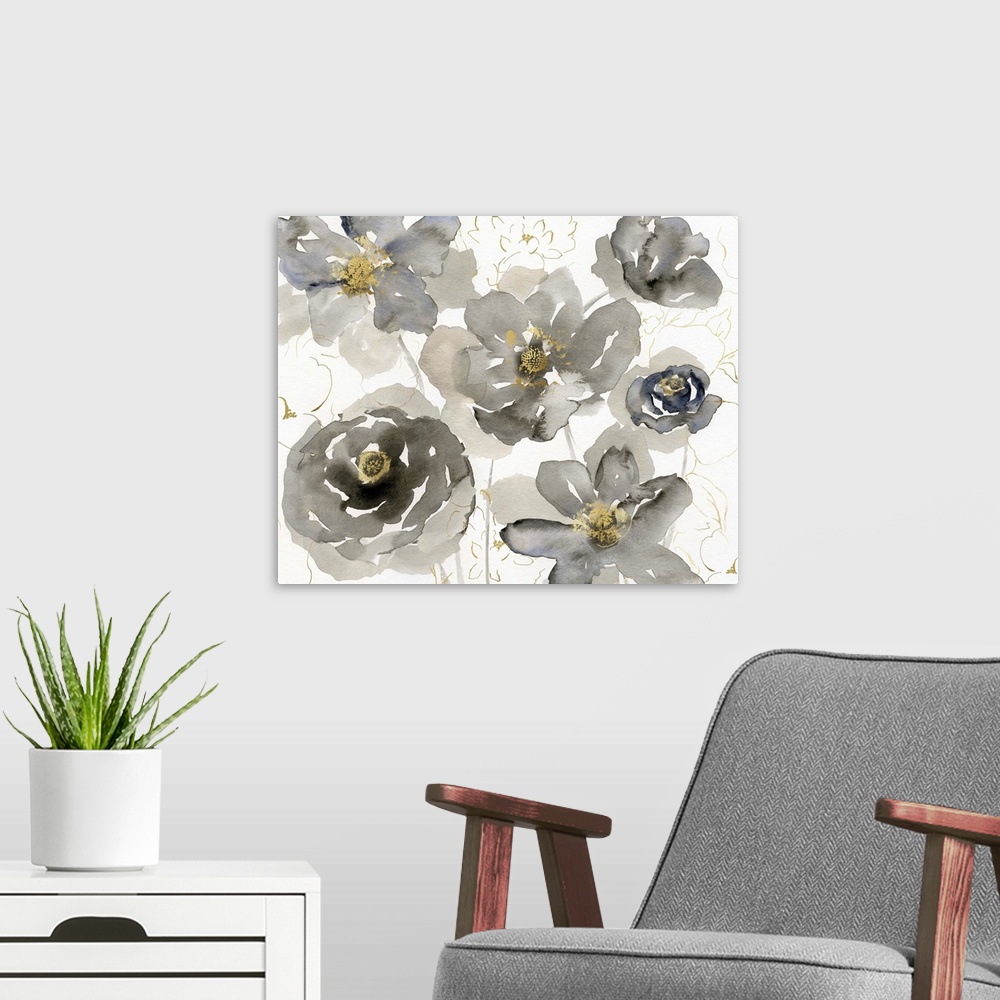 A modern room featuring Watercolor artwork of flowers in shades of grey with yellow centers.