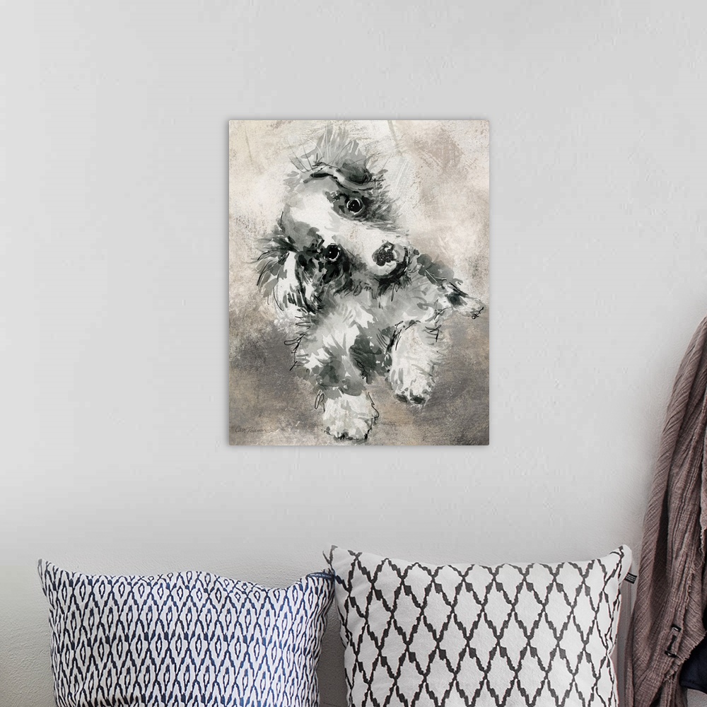 A bohemian room featuring Watercolor painting of a cute collie in grey, black, and white tones on a mixed neutral colored b...