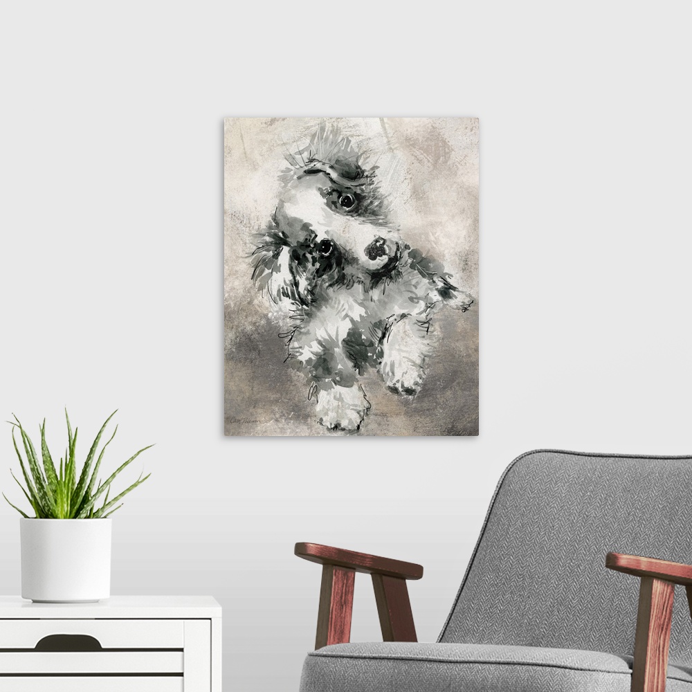 A modern room featuring Watercolor painting of a cute collie in grey, black, and white tones on a mixed neutral colored b...